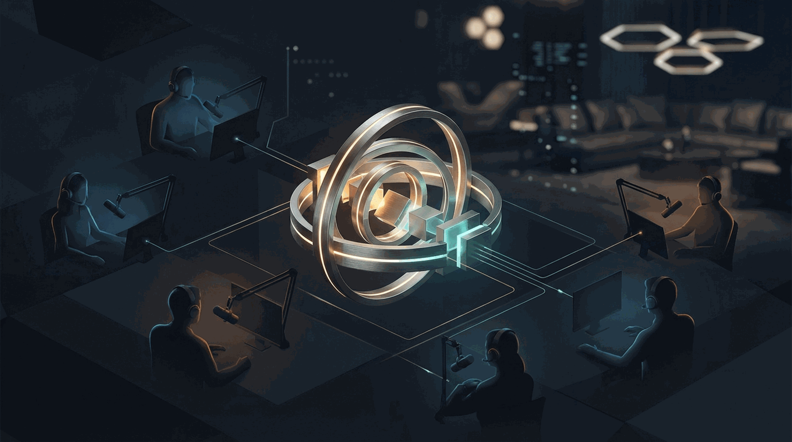Abstrakte Darstellung: Agentur-Hub mit verbundenen Streamer-Knoten