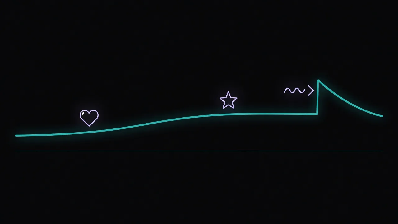 Stilisierte Illustration: Zuschauerverlauf eines Streams als Kurve, darauf ein Herz für einen Follow, ein Stern für einen Sub und ein Raid-Pfeil direkt vor dem Peak
