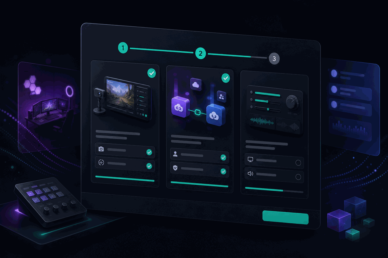 Abstrakte Illustration: übersichtlicher Einrichtungs-Assistent für Streaming-Tools in dunklem UI mit türkisen Akzenten