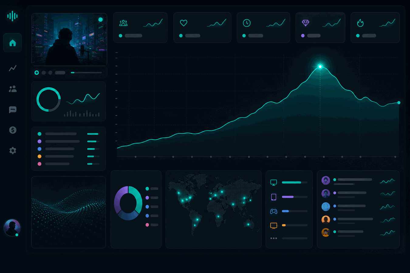 Abstrakte Illustration: Echtzeit-Dashboard mit Verlaufskurve und Metrik-Kacheln auf dunklem Hintergrund