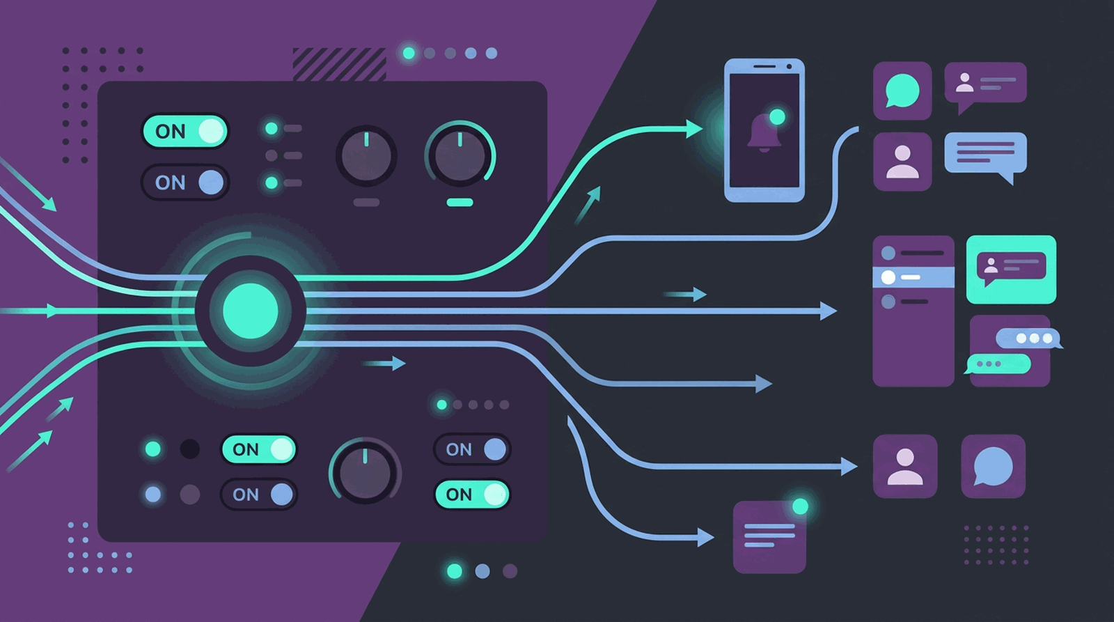 Illustration: Benachrichtigungsziele wählen, Discord und Smartphone